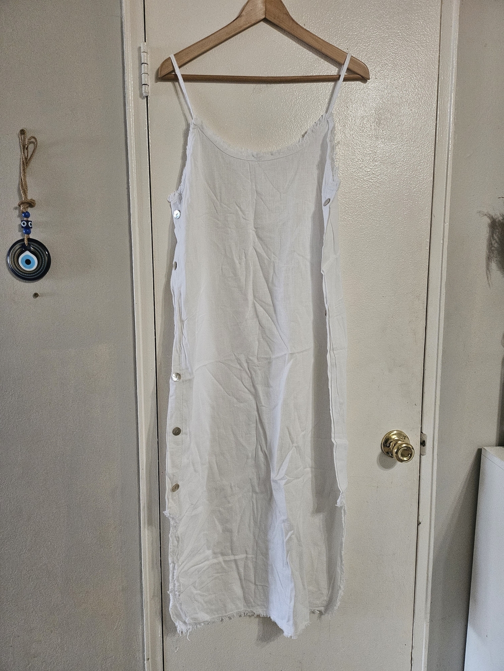 White Button-Side Linen Midi Slip Dress